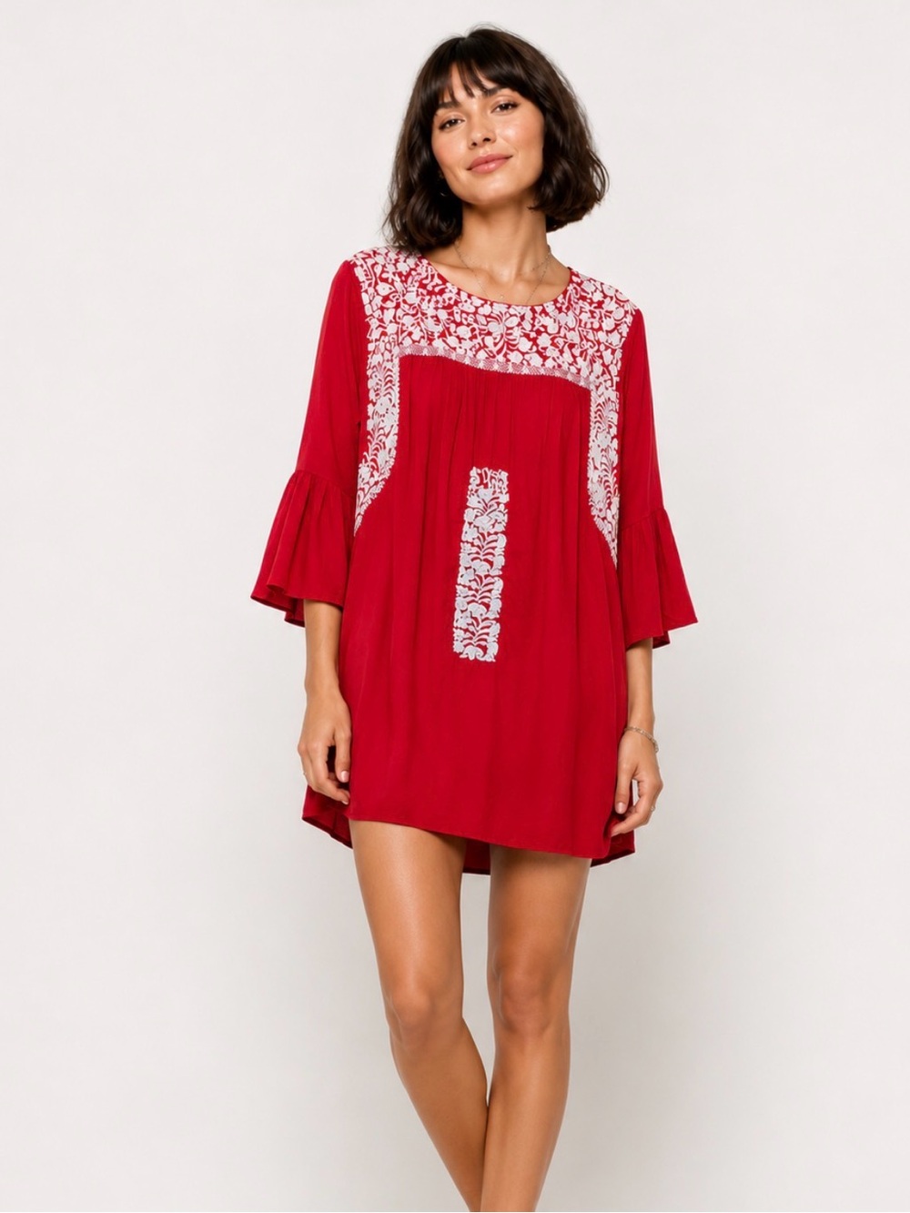 J.Marie Red Embroidered Boho Tunic Dress L Festival Cottagecore